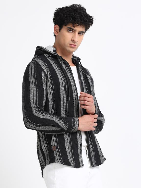 Men Striped Long Sleeve Hooded Casual Shirt