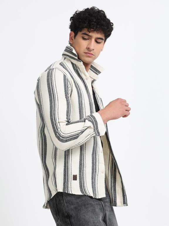 Men Striped Long Sleeve Hooded Casual Shirt