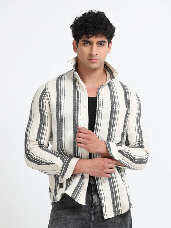 Men Striped Long Sleeve Hooded Casual Shirt
