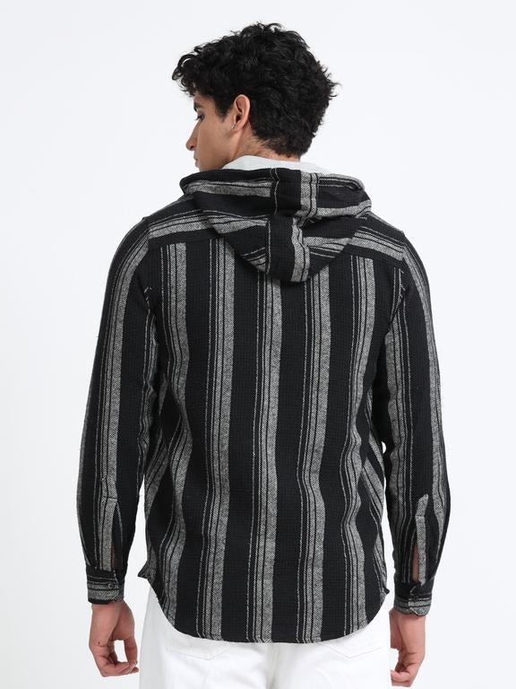 Men Striped Long Sleeve Hooded Casual Shirt