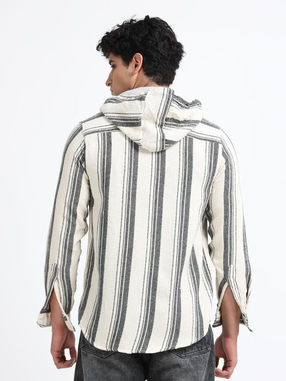 Men Striped Long Sleeve Hooded Casual Shirt