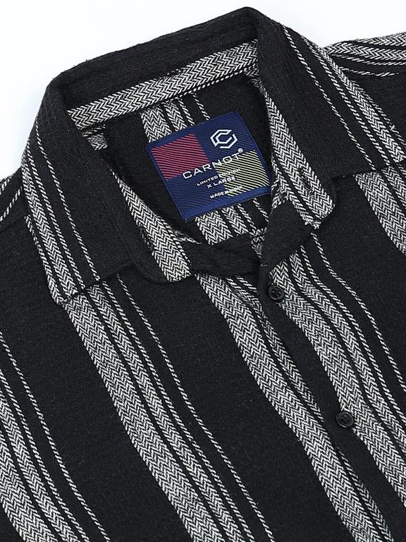Men Striped Long Sleeve Hooded Casual Shirt