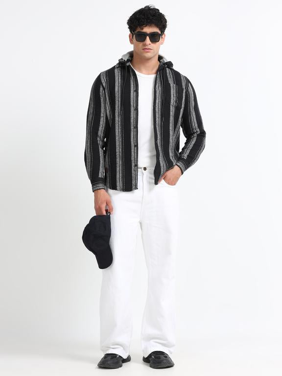 Men Striped Long Sleeve Hooded Casual Shirt