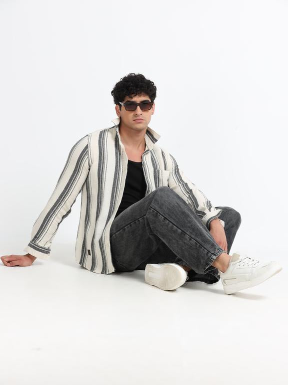 Men Striped Long Sleeve Hooded Casual Shirt