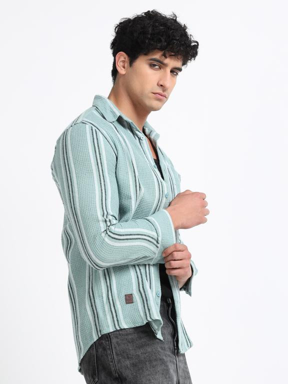 Men Striped Long Sleeve Hooded Casual Shirt