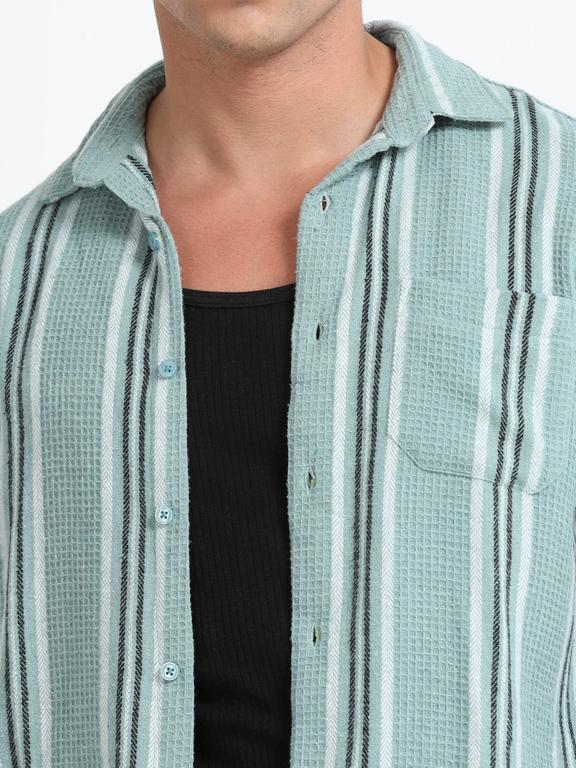 Men Striped Long Sleeve Hooded Casual Shirt