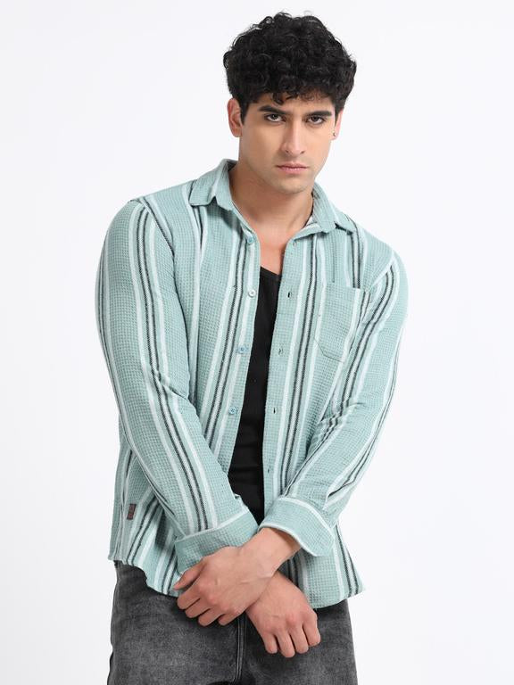 Men Striped Long Sleeve Hooded Casual Shirt
