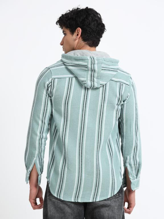 Men Striped Long Sleeve Hooded Casual Shirt