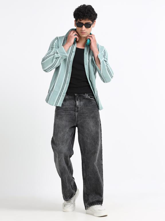 Men Striped Long Sleeve Hooded Casual Shirt