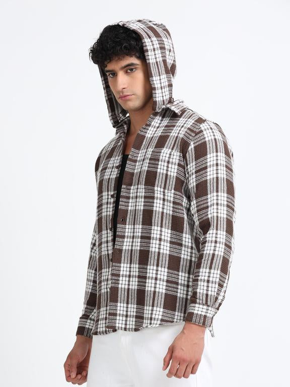Men Checkered Long Sleeve Hooded Casual Shirt