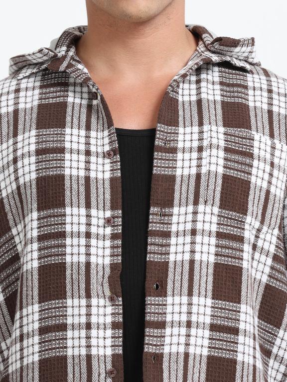 Men Checkered Long Sleeve Hooded Casual Shirt