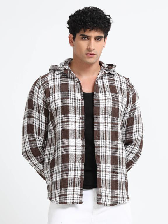 Men Checkered Long Sleeve Hooded Casual Shirt