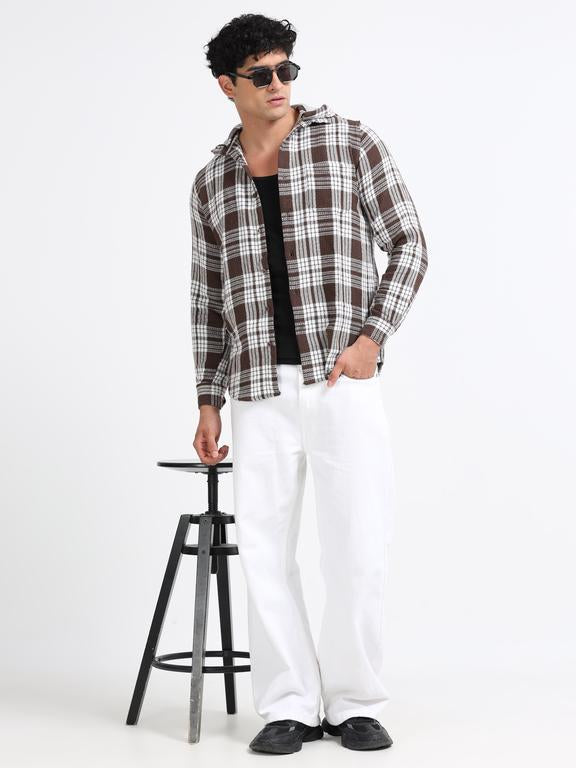 Men Checkered Long Sleeve Hooded Casual Shirt