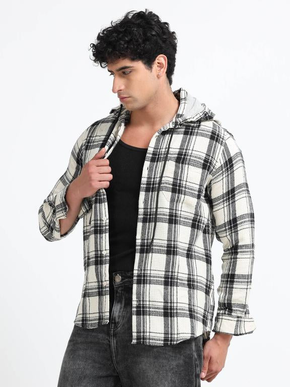 Men Striped Long Sleeve Hooded Casual Shirt