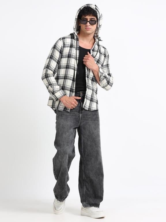 Men Striped Long Sleeve Hooded Casual Shirt