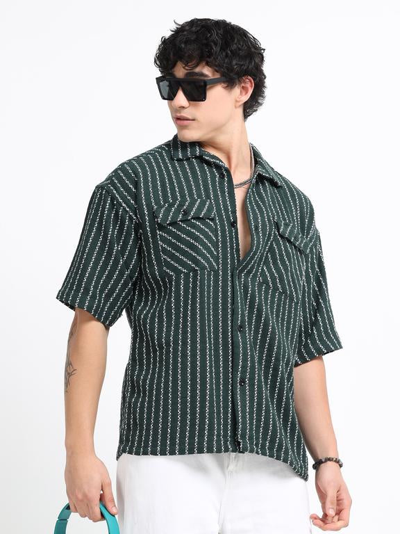 Men Striped Short Sleeve Casual Drop Shoulder Shirt
