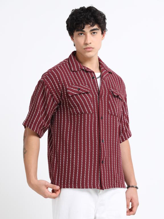 Men Striped Short Sleeve Casual Drop Shoulder Shirt