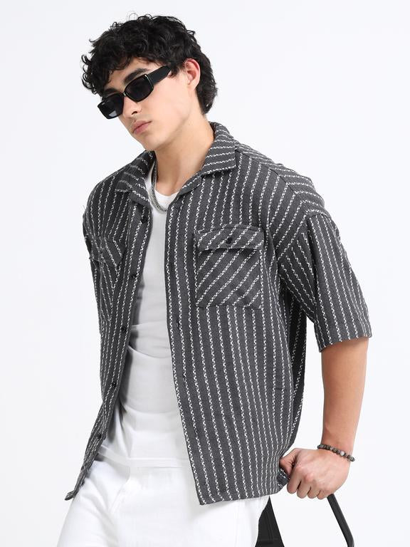 Men Striped Short Sleeve Casual Drop Shoulder Shirt