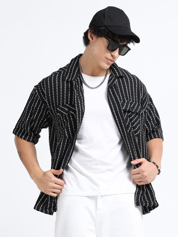 Men Striped Short Sleeve Casual Drop Shoulder Shirt