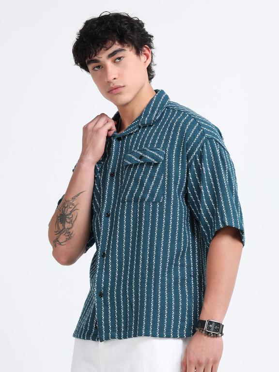 Men Striped Short Sleeve Casual Drop Shoulder Shirt