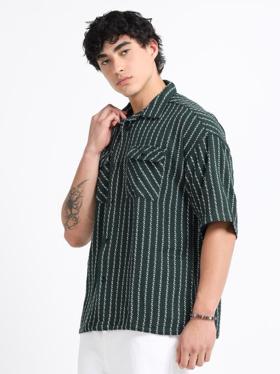 Men Striped Short Sleeve Casual Drop Shoulder Shirt