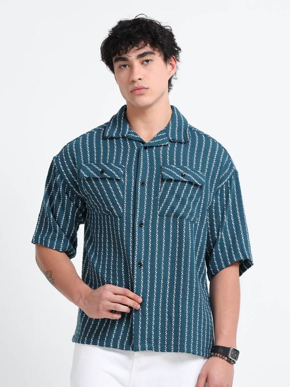 Men Striped Short Sleeve Casual Drop Shoulder Shirt