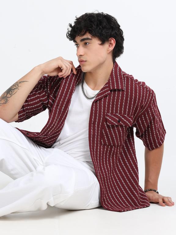 Men Striped Short Sleeve Casual Drop Shoulder Shirt