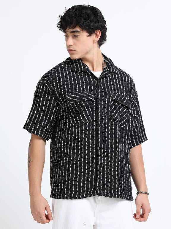 Men Striped Short Sleeve Casual Drop Shoulder Shirt