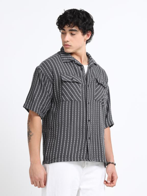 Men Striped Short Sleeve Casual Drop Shoulder Shirt