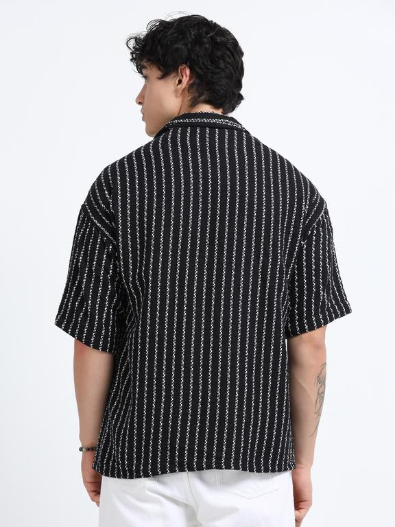 Men Striped Short Sleeve Casual Drop Shoulder Shirt