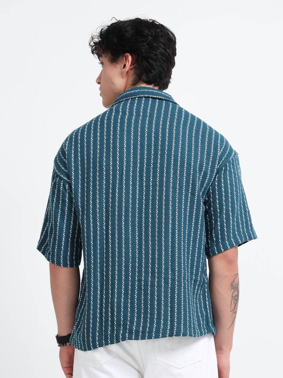 Men Striped Short Sleeve Casual Drop Shoulder Shirt