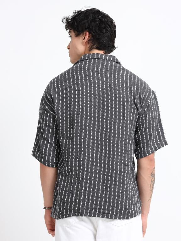 Men Striped Short Sleeve Casual Drop Shoulder Shirt