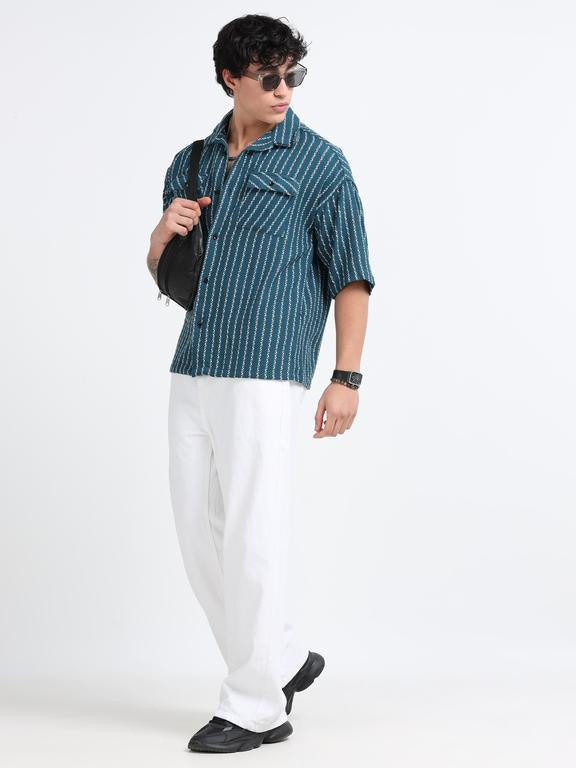 Men Striped Short Sleeve Casual Drop Shoulder Shirt