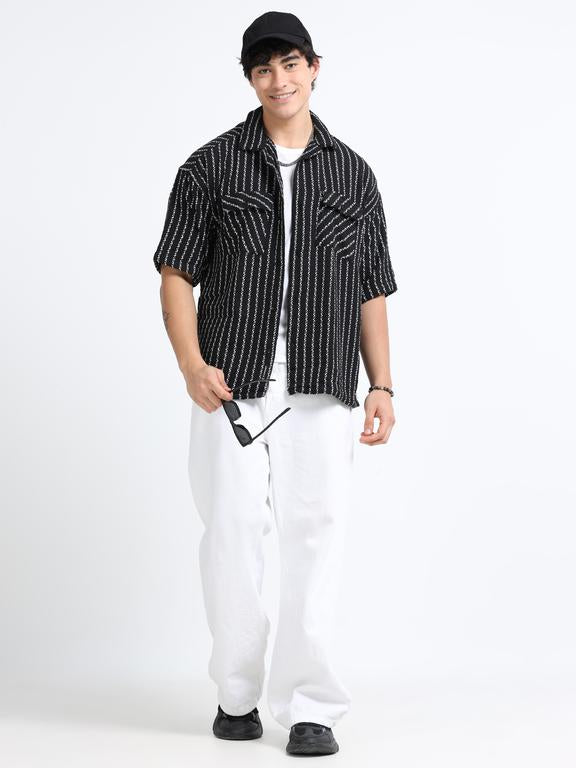 Men Striped Short Sleeve Casual Drop Shoulder Shirt