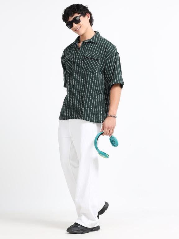 Men Striped Short Sleeve Casual Drop Shoulder Shirt