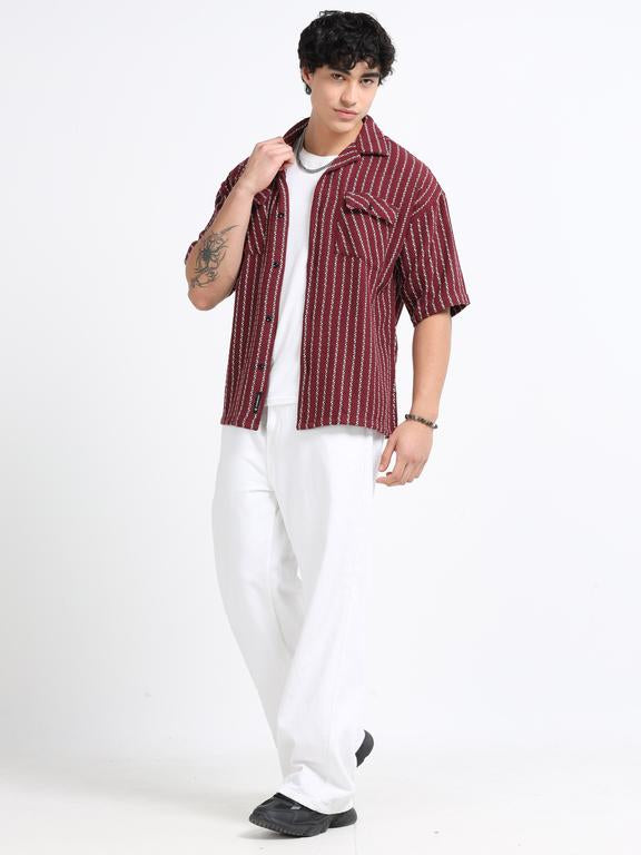 Men Striped Short Sleeve Casual Drop Shoulder Shirt