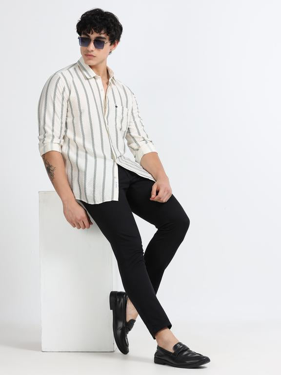 Men Striped Long Sleeve Casual Polo Shirt