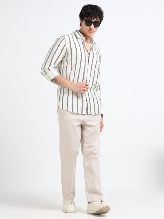 Men Striped Long Sleeve Casual Polo Shirt