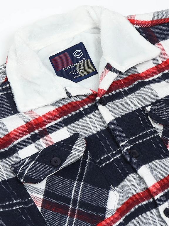 Men Checkered Long Sleeve Fur Collared Casual Brushed OverShirt