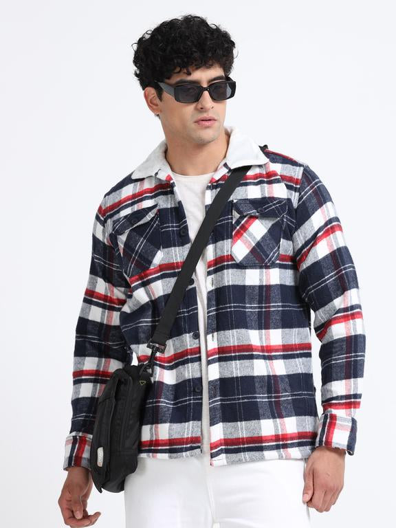 Men Checkered Long Sleeve Fur Collared Casual Brushed OverShirt