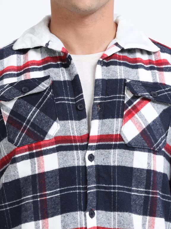 Men Checkered Long Sleeve Fur Collared Casual Brushed OverShirt