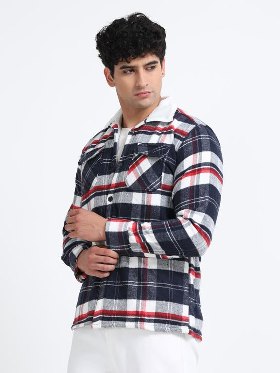 Men Checkered Long Sleeve Fur Collared Casual Brushed OverShirt