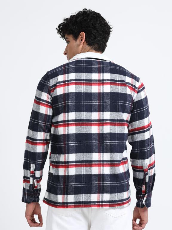 Men Checkered Long Sleeve Fur Collared Casual Brushed OverShirt