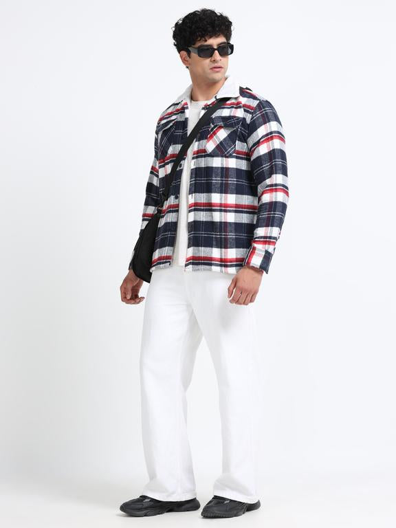 Men Checkered Long Sleeve Fur Collared Casual Brushed OverShirt