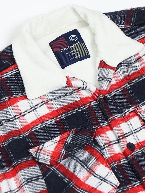 Men Checkered Long Sleeve Fur Collared Casual Brushed OverShirt