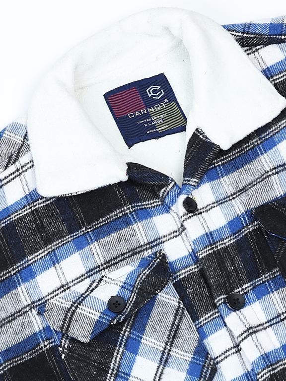 Men Checkered Long Sleeve Fur Collared Casual Brushed OverShirt