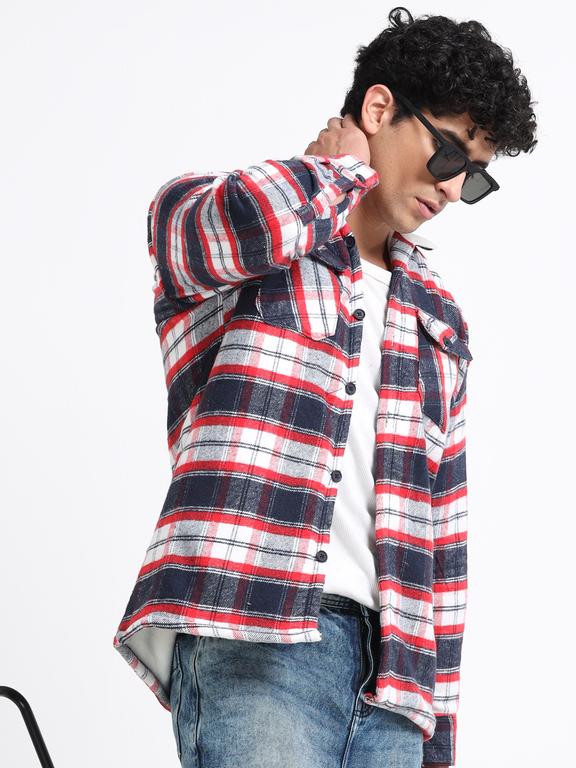 Men Checkered Long Sleeve Fur Collared Casual Brushed OverShirt