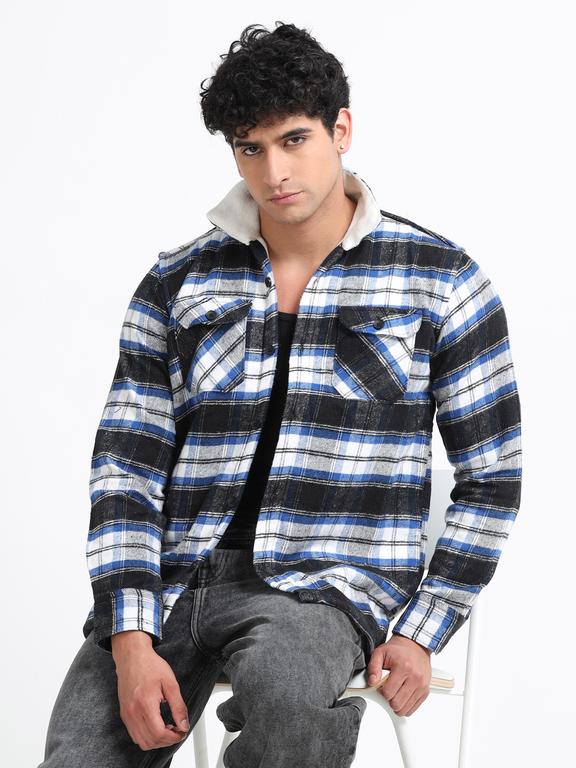 Men Checkered Long Sleeve Fur Collared Casual Brushed OverShirt