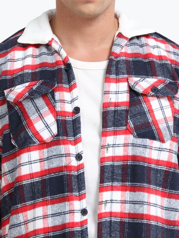 Men Checkered Long Sleeve Fur Collared Casual Brushed OverShirt