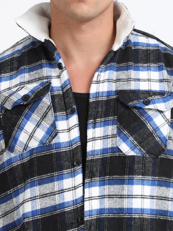 Men Checkered Long Sleeve Fur Collared Casual Brushed OverShirt